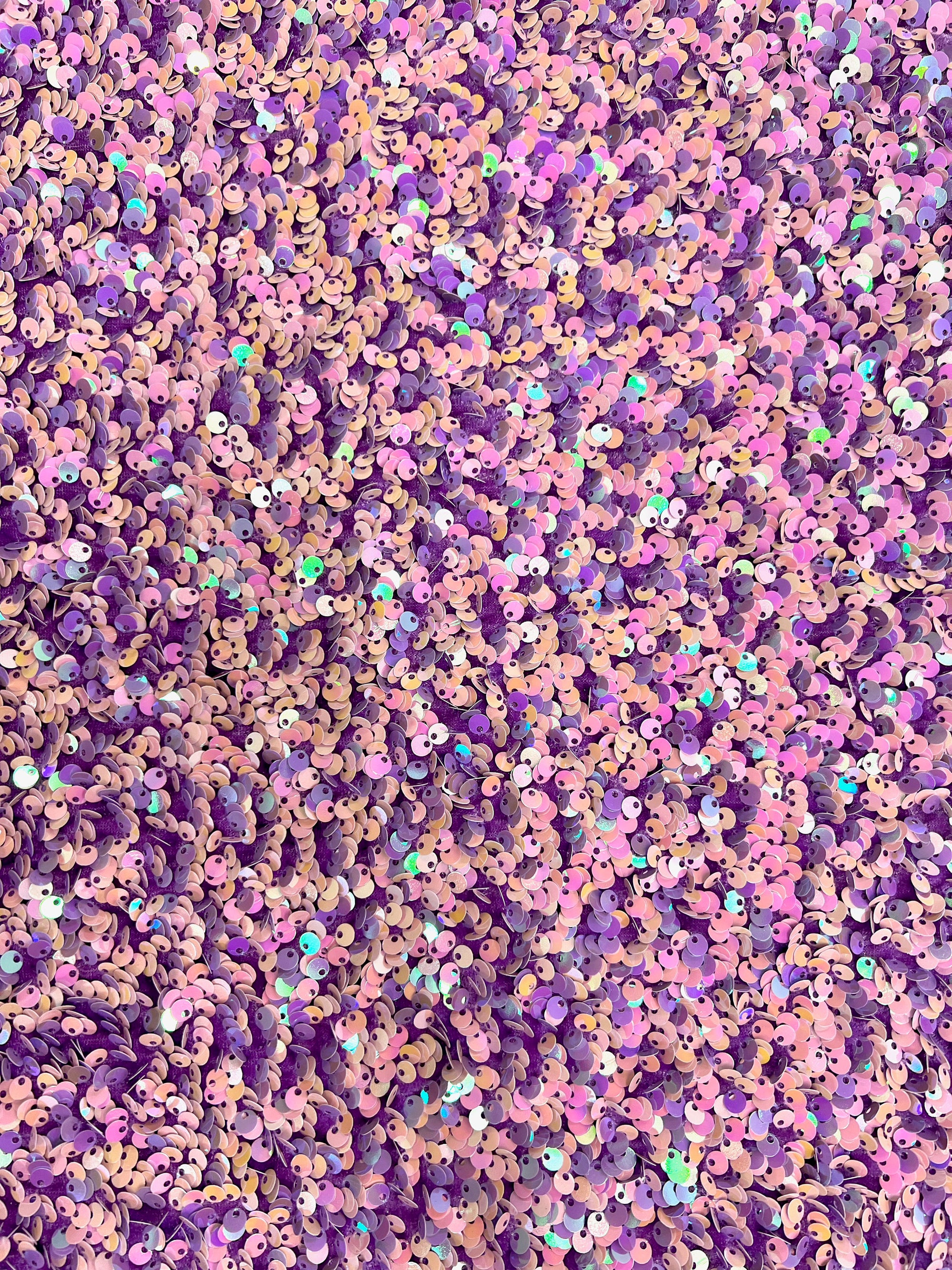 Stephanie Iridescent PINK LAVENDER Overlap Sequins on LAVENDER Stretch Velvet Fabric for Gowns, Apparel, Costumes, Crafts