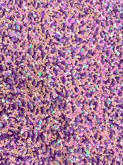 Stephanie Iridescent PINK LAVENDER Overlap Sequins on LAVENDER Stretch Velvet Fabric for Gowns, Apparel, Costumes, Crafts