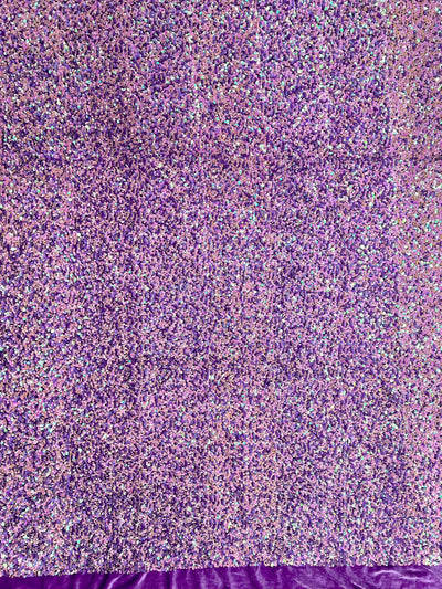 Stephanie Iridescent PINK LAVENDER Overlap Sequins on LAVENDER Stretch Velvet Fabric for Gowns, Apparel, Costumes, Crafts