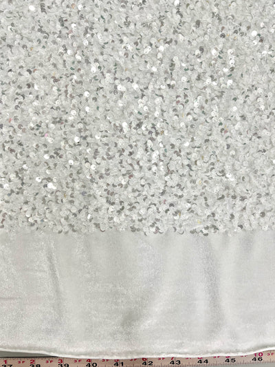 Stephanie Glitter WHITE SILVER Overlap Sequins on IVORY Stretch Velvet Fabric by the Yard for Gowns, Apparel, Costumes, Crafts