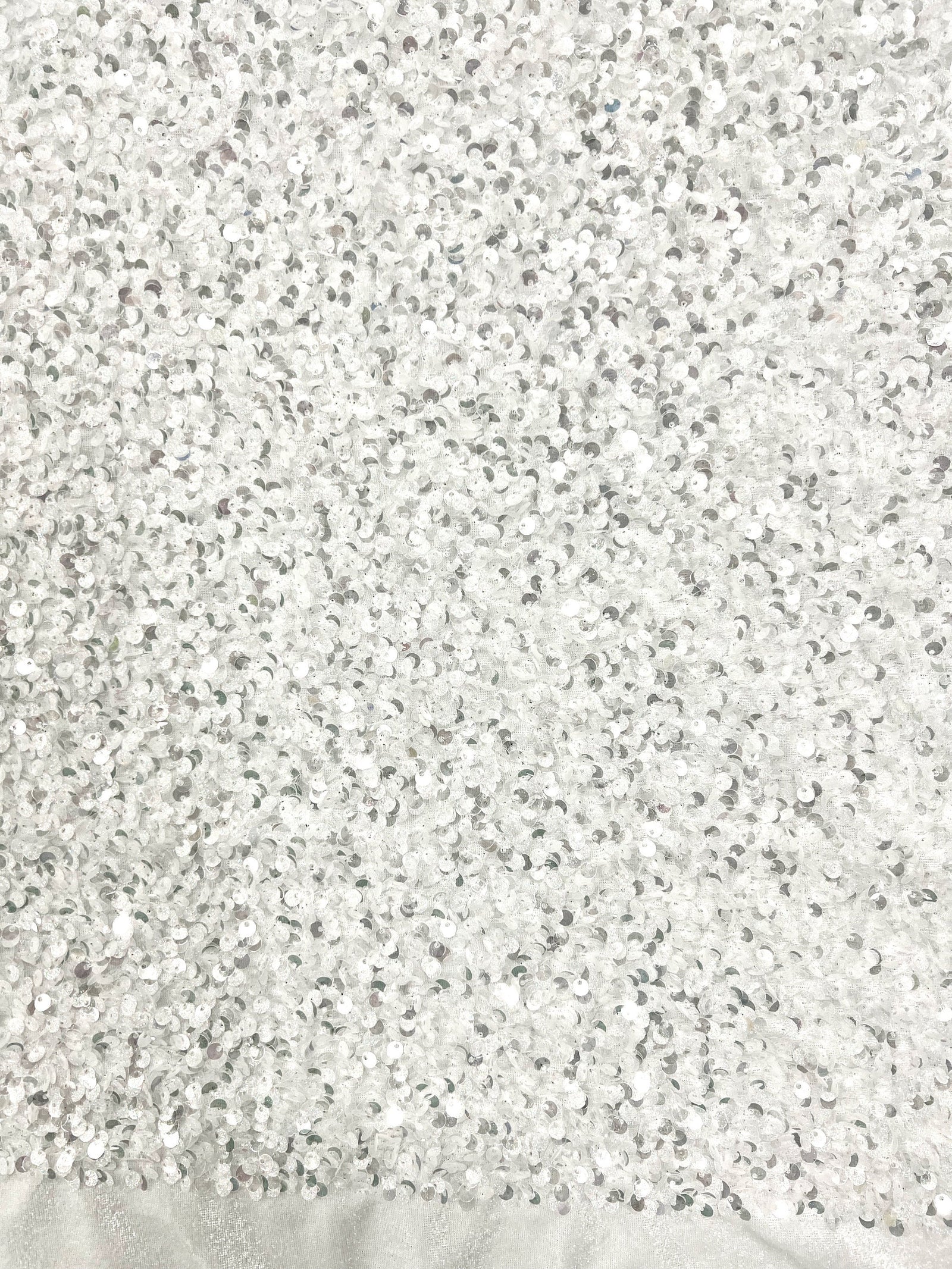 Stephanie Glitter WHITE SILVER Overlap Sequins on IVORY Stretch Velvet Fabric by the Yard for Gowns, Apparel, Costumes, Crafts