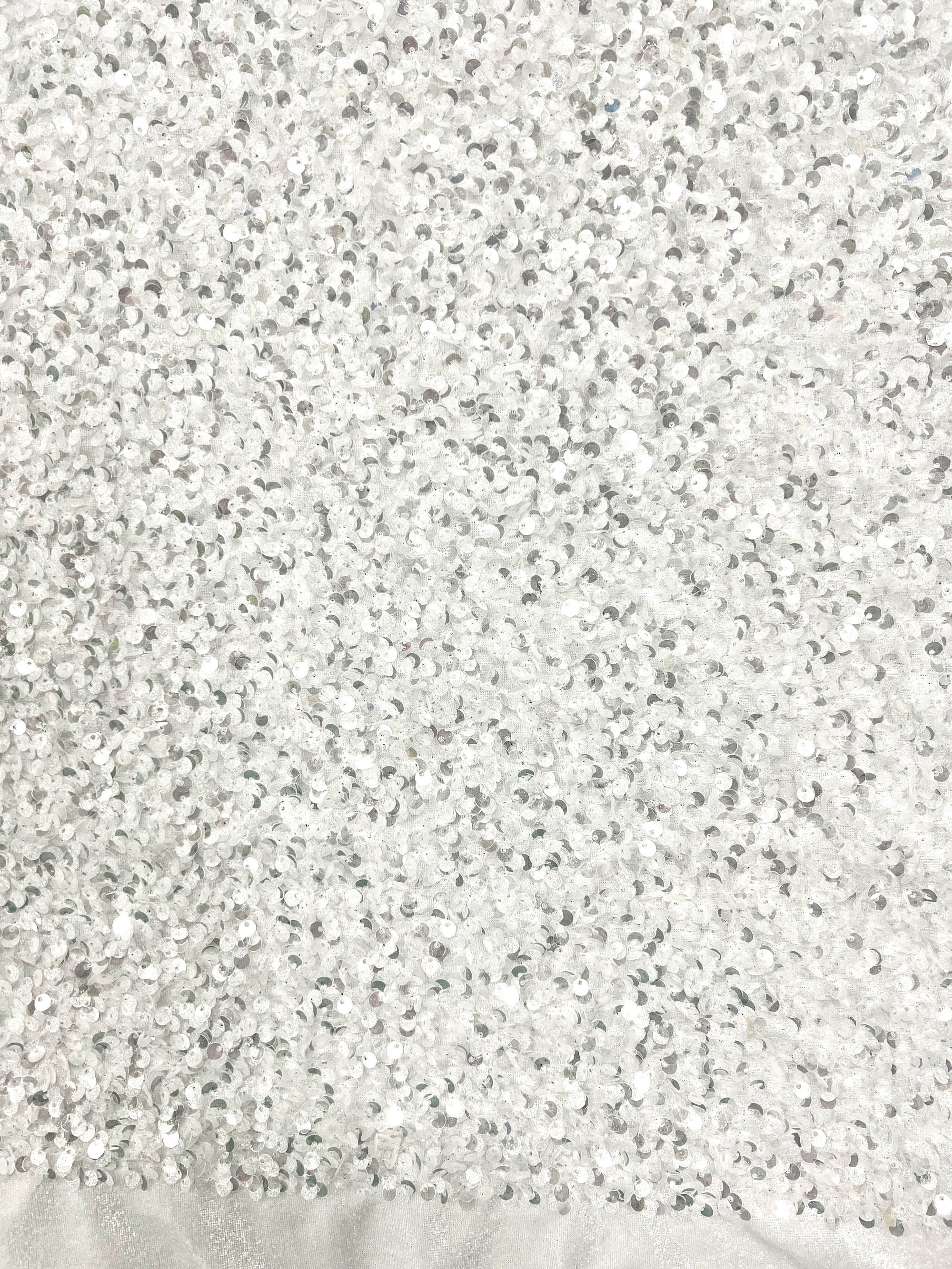 Stephanie Glitter WHITE SILVER Overlap Sequins on IVORY Stretch Velvet Fabric by the Yard for Gowns, Apparel, Costumes, Crafts