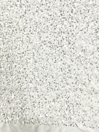 Stephanie Glitter WHITE SILVER Overlap Sequins on IVORY Stretch Velvet Fabric by the Yard for Gowns, Apparel, Costumes, Crafts