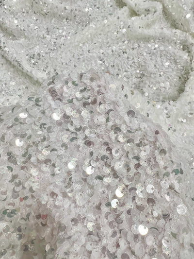 Stephanie Glitter WHITE SILVER Overlap Sequins on IVORY Stretch Velvet Fabric by the Yard for Gowns, Apparel, Costumes, Crafts