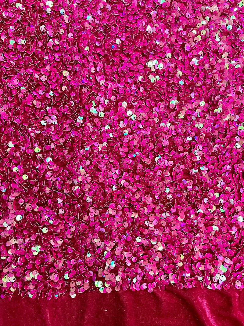 Stephanie IRIDESCENT FUCHSIA Overlap Sequins on FUCHSIA Stretch Velvet Fabric by the Yard for Gowns, Apparel, Costumes, Crafts - 10185