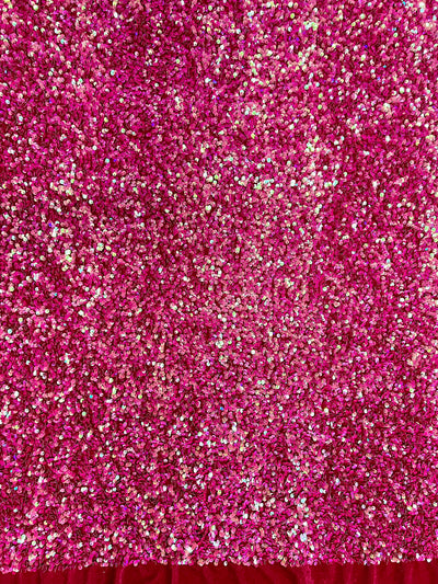 Stephanie IRIDESCENT FUCHSIA Overlap Sequins on FUCHSIA Stretch Velvet Fabric by the Yard for Gowns, Apparel, Costumes, Crafts - 10185