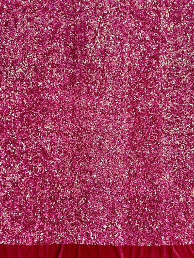 Stephanie IRIDESCENT FUCHSIA Overlap Sequins on FUCHSIA Stretch Velvet Fabric by the Yard for Gowns, Apparel, Costumes, Crafts - 10185