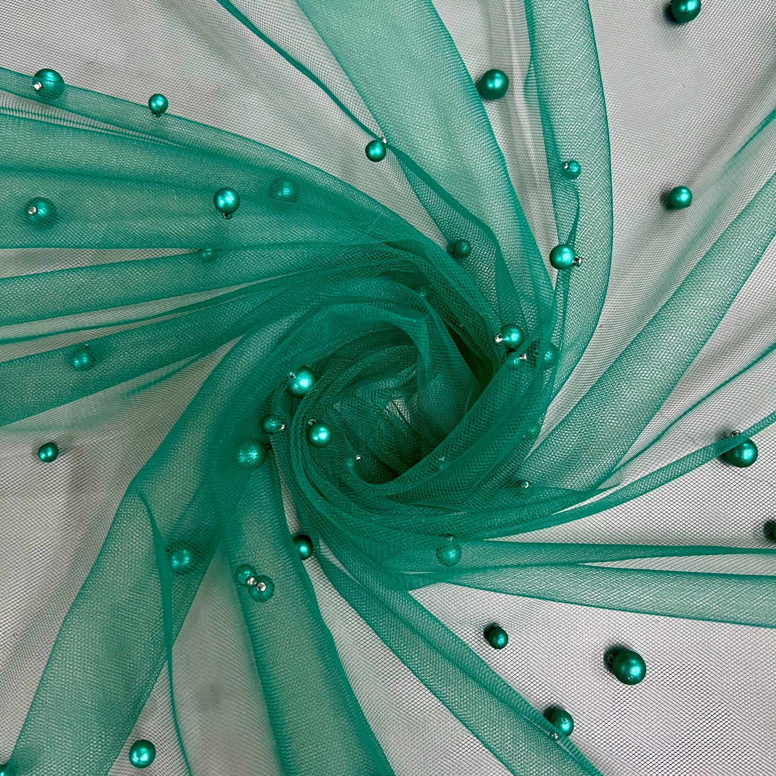 Queenie EMERALD GREEN Faux Pearls on Soft Mesh Lace Fabric for Gowns, Evening Wear, Bridal Wear, Costumes, Crafts