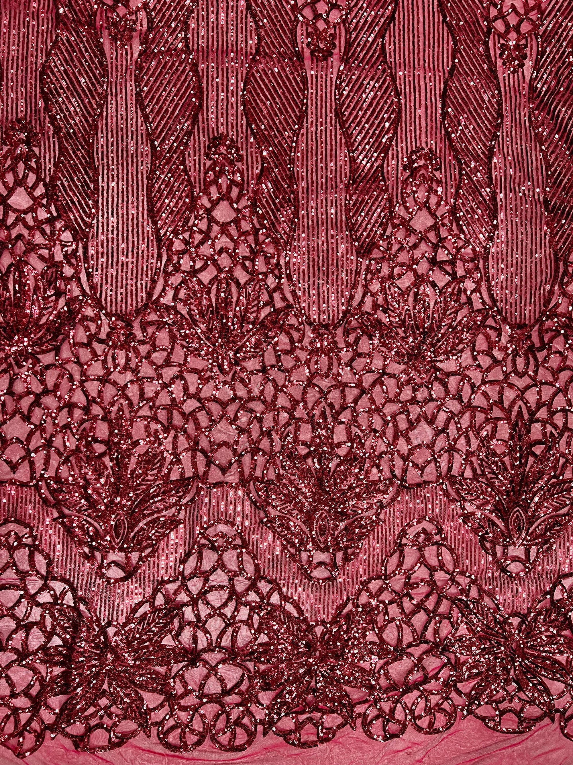 Artemis BURGUNDY Sequins on Mesh Lace Fabric by the Yard