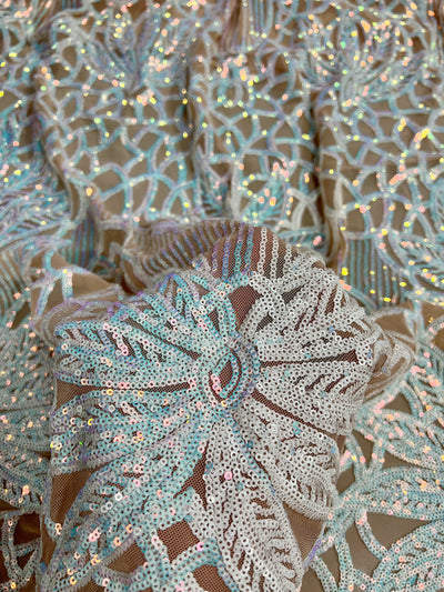 Artemis Iridescent WHITE PINK Sequins on NUDE Mesh Lace Fabric by the Yard