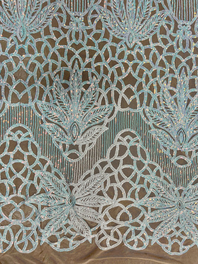 Artemis Iridescent WHITE PINK Sequins on NUDE Mesh Lace Fabric by the Yard