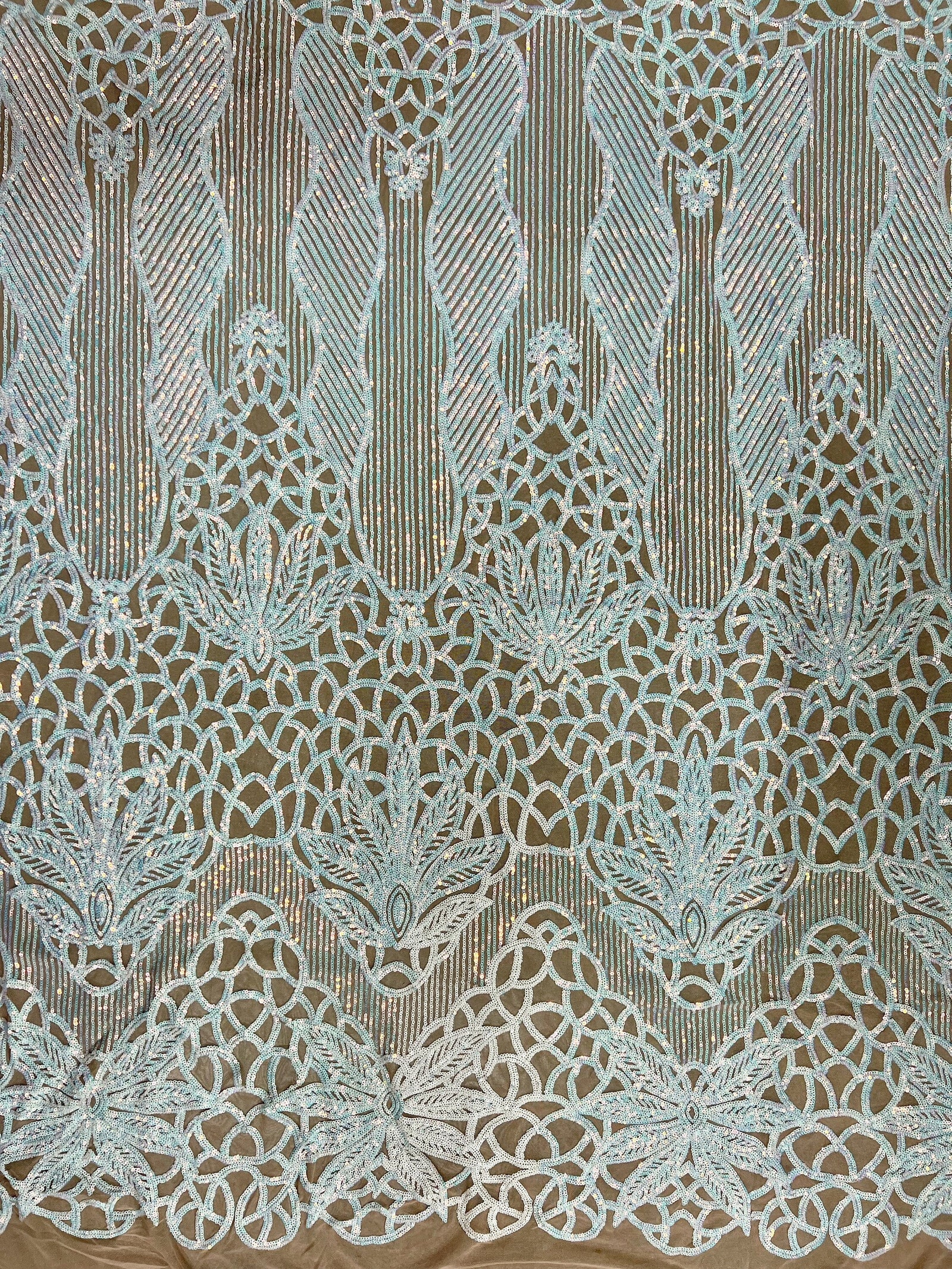 Artemis Iridescent WHITE PINK Sequins on NUDE Mesh Lace Fabric by the Yard