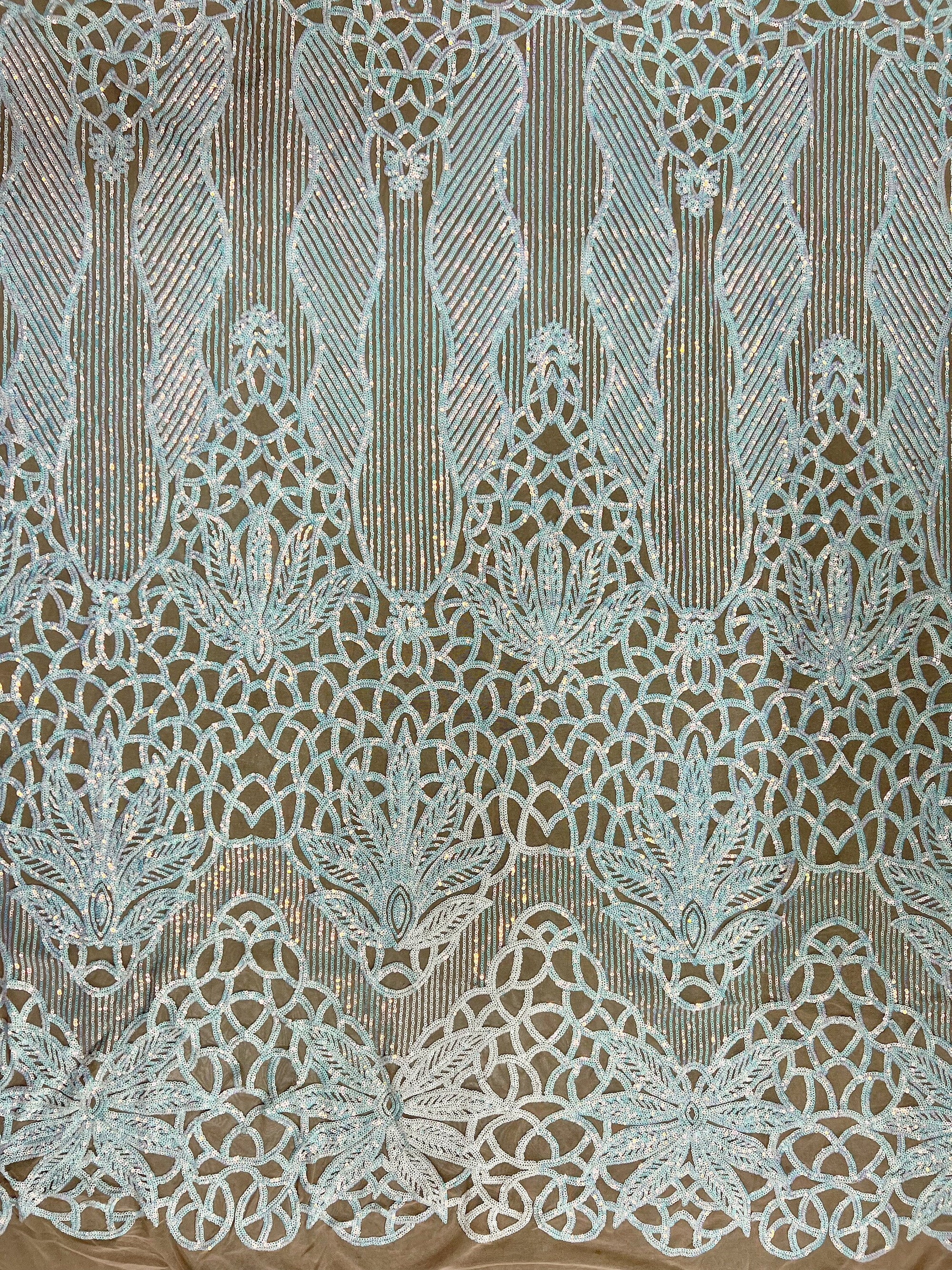 Artemis Iridescent WHITE PINK Sequins on NUDE Mesh Lace Fabric by the Yard