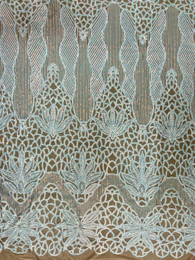 Artemis Iridescent WHITE PINK Sequins on NUDE Mesh Lace Fabric by the Yard