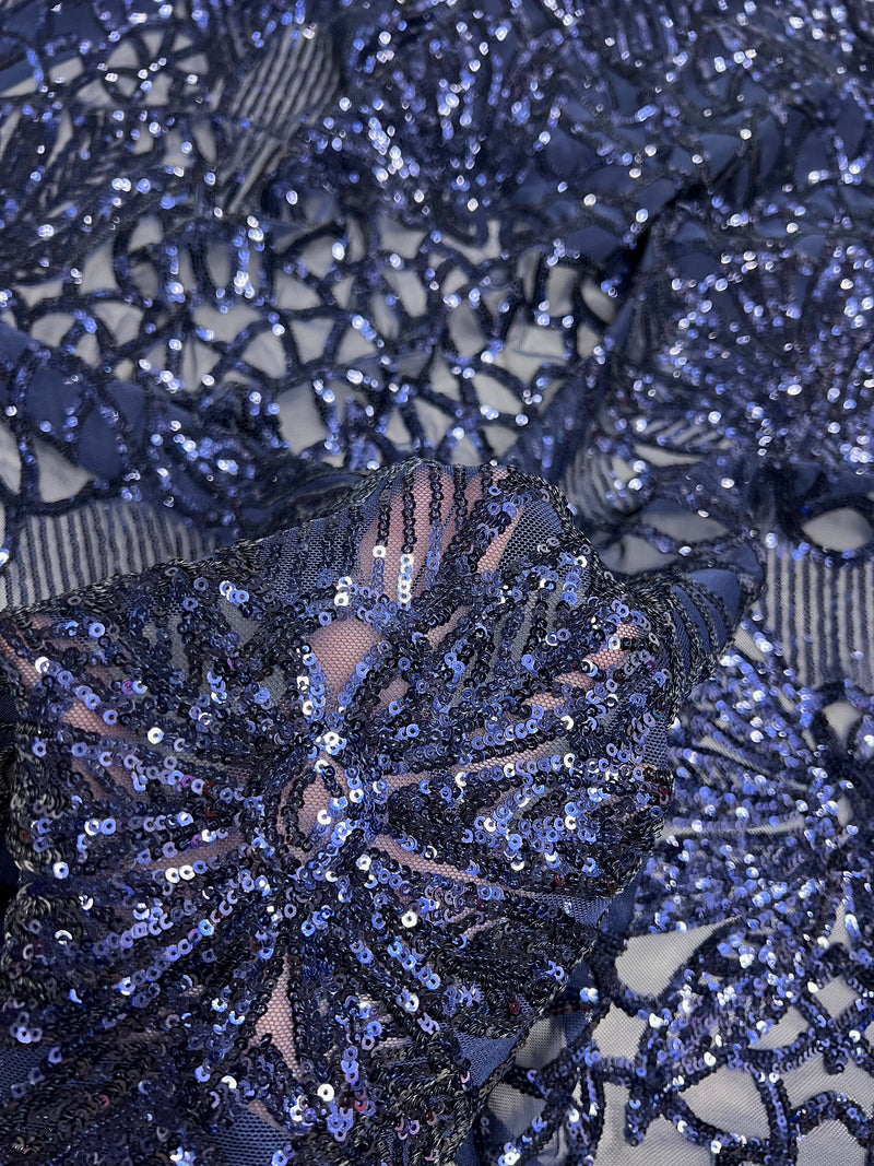 Artemis NAVY BLUE Sequins on Mesh Lace Fabric by the Yard