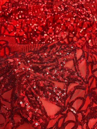Artemis RED Sequins on Mesh Lace Fabric by the Yard