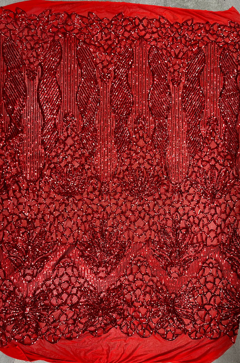Artemis RED Sequins on Mesh Lace Fabric by the Yard