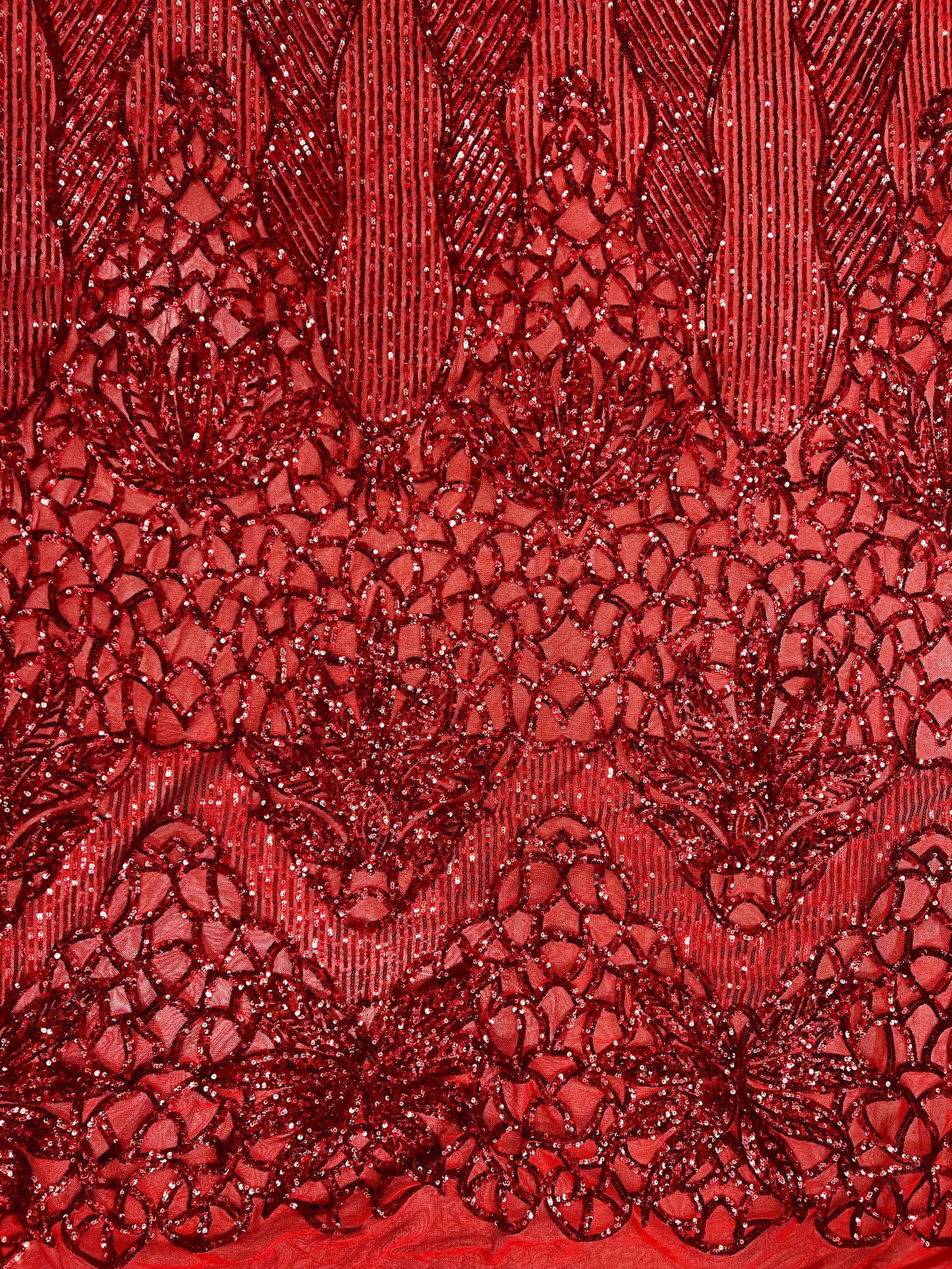 Artemis RED Sequins on Mesh Lace Fabric by the Yard