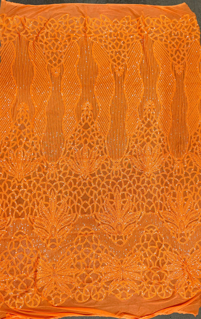 Artemis ORANGE Sequins on Mesh Lace Fabric by the Yard