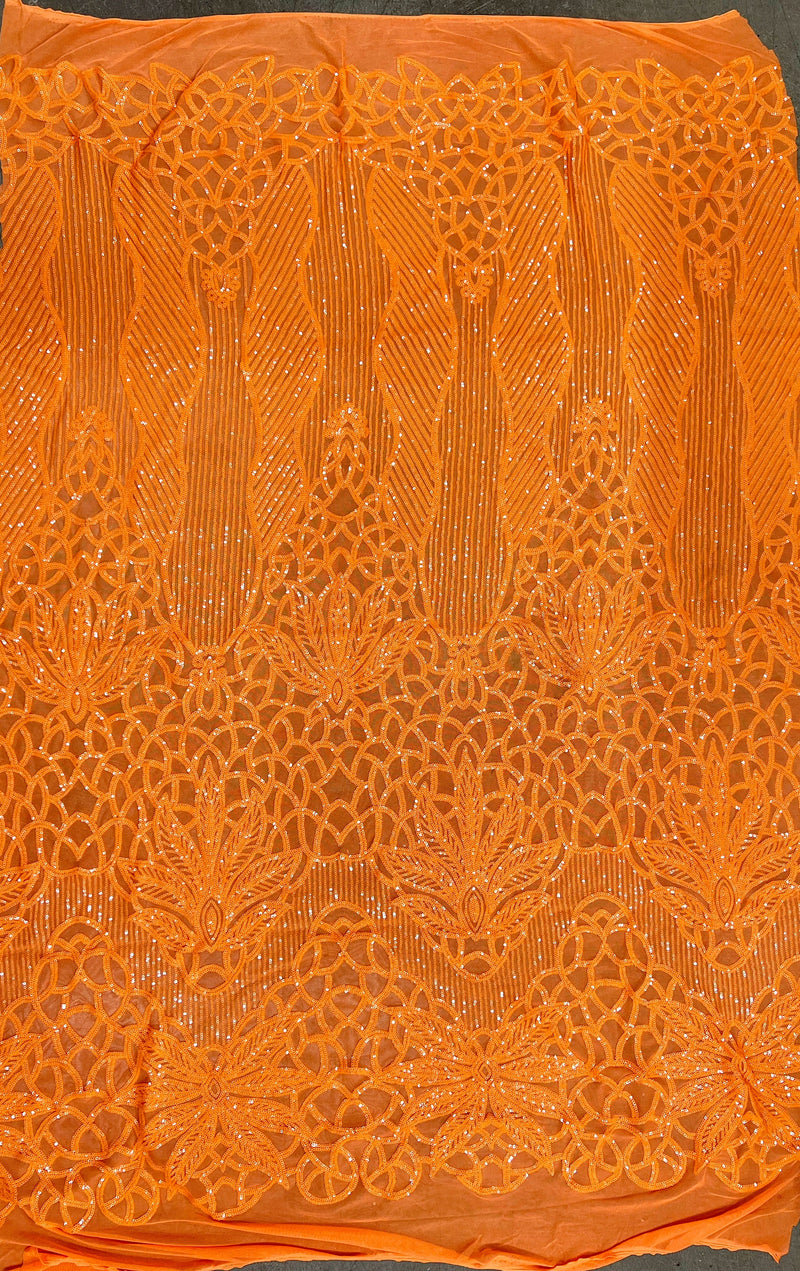 Artemis ORANGE Sequins on Mesh Lace Fabric by the Yard
