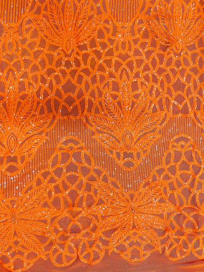 Artemis ORANGE Sequins on Mesh Lace Fabric by the Yard
