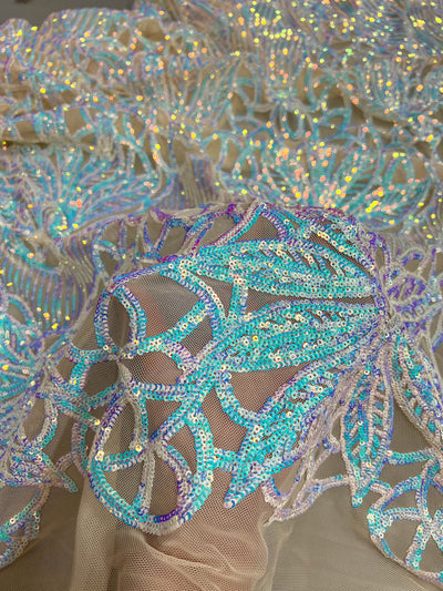 Artemis Iridescent WHITE BLUE Sequins on NUDE Mesh Lace Fabric by the Yard