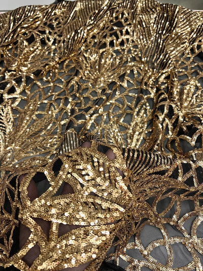 Artemis GOLD Sequins on BLACK Mesh Lace Fabric by the Yard
