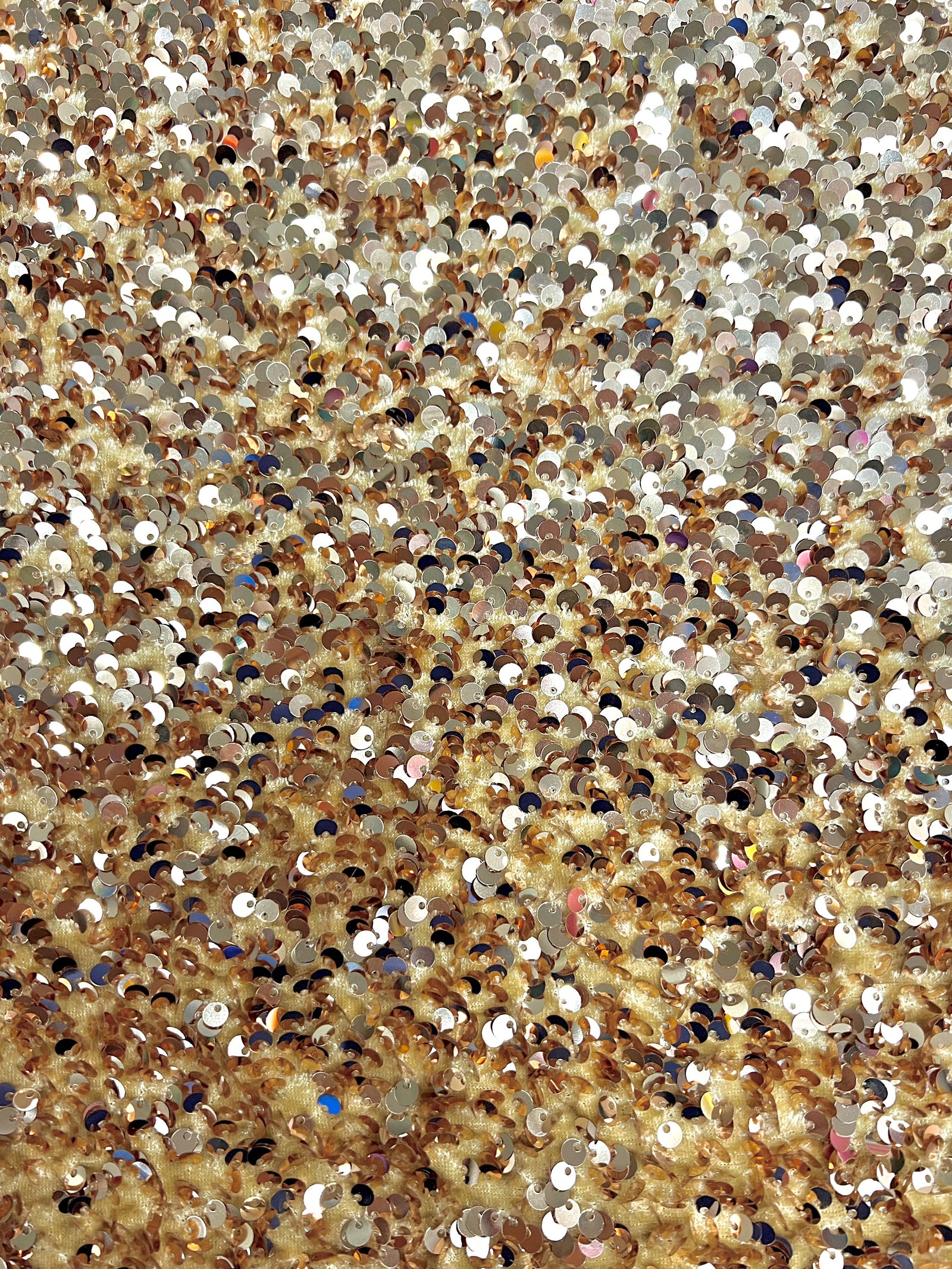Stephanie CHAMPAGNE Sequins on BEIGE Stretch Velvet Fabric by the Yard for Gowns, Apparel, Costumes, Crafts