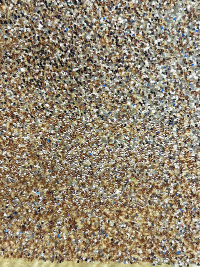 Stephanie CHAMPAGNE Sequins on BEIGE Stretch Velvet Fabric by the Yard for Gowns, Apparel, Costumes, Crafts