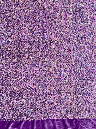 Stephanie Iridescent PINK LAVENDER Overlap Sequins on LAVENDER Stretch Velvet Fabric for Gowns, Apparel, Costumes, Crafts