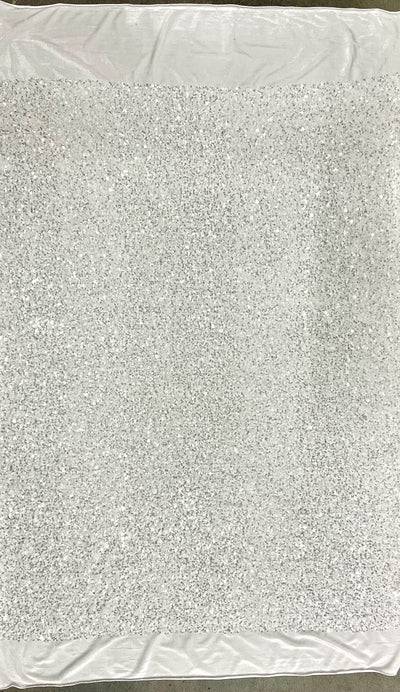 Stephanie Glitter WHITE SILVER Overlap Sequins on IVORY Stretch Velvet Fabric by the Yard for Gowns, Apparel, Costumes, Crafts