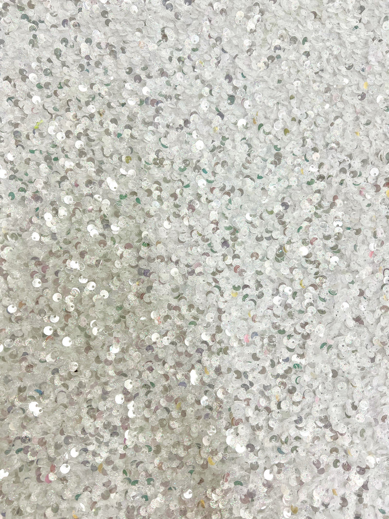 Stephanie Glitter WHITE SILVER Overlap Sequins on IVORY Stretch Velvet Fabric by the Yard for Gowns, Apparel, Costumes, Crafts
