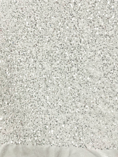 Stephanie Glitter WHITE SILVER Overlap Sequins on IVORY Stretch Velvet Fabric by the Yard for Gowns, Apparel, Costumes, Crafts