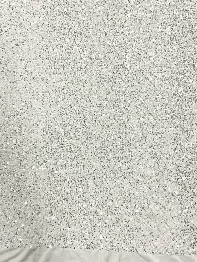 Stephanie Glitter WHITE SILVER Overlap Sequins on IVORY Stretch Velvet Fabric by the Yard for Gowns, Apparel, Costumes, Crafts