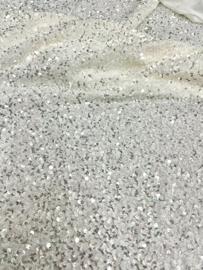 Stephanie Glitter WHITE SILVER Overlap Sequins on IVORY Stretch Velvet Fabric by the Yard for Gowns, Apparel, Costumes, Crafts