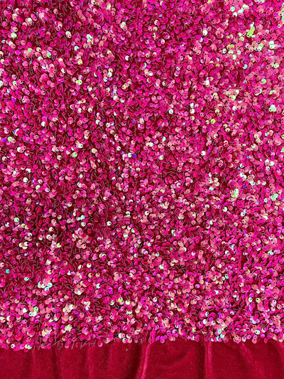 Stephanie IRIDESCENT FUCHSIA Overlap Sequins on FUCHSIA Stretch Velvet Fabric by the Yard for Gowns, Apparel, Costumes, Crafts - 10185