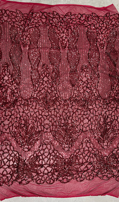 Artemis BURGUNDY Sequins on Mesh Lace Fabric by the Yard
