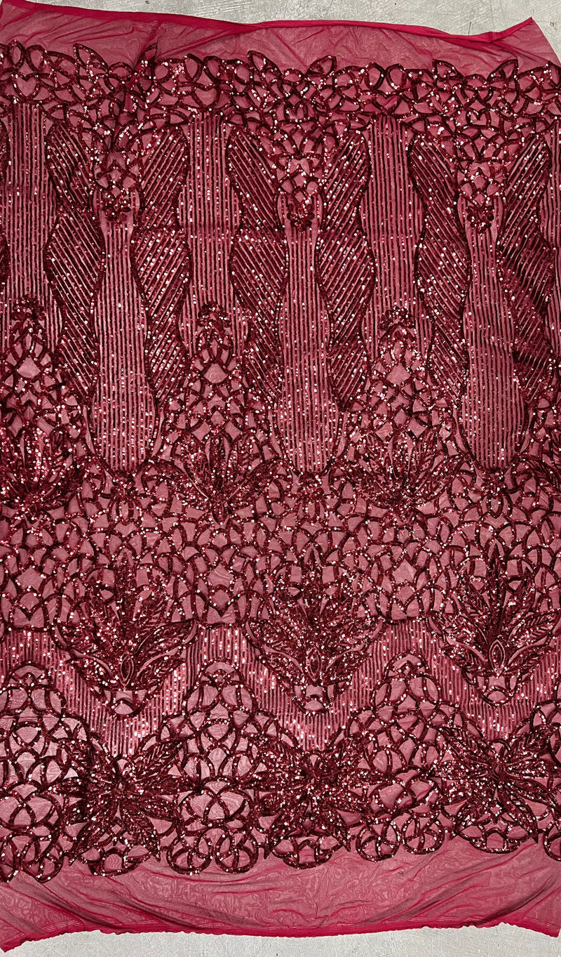 Artemis BURGUNDY Sequins on Mesh Lace Fabric by the Yard