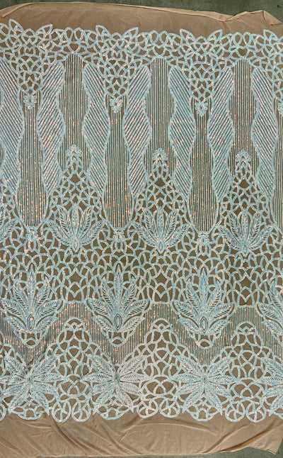 Artemis Iridescent WHITE PINK Sequins on NUDE Mesh Lace Fabric by the Yard