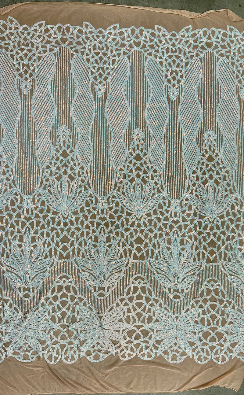 Artemis Iridescent WHITE PINK Sequins on NUDE Mesh Lace Fabric by the Yard