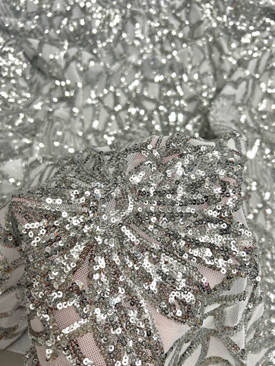 Artemis SILVER Sequins on WHITE Mesh Lace Fabric by the Yard