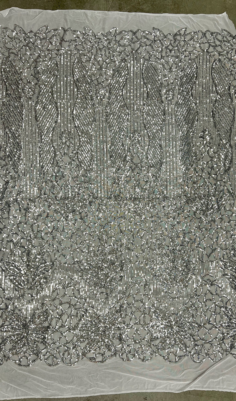 Artemis SILVER Sequins on WHITE Mesh Lace Fabric by the Yard