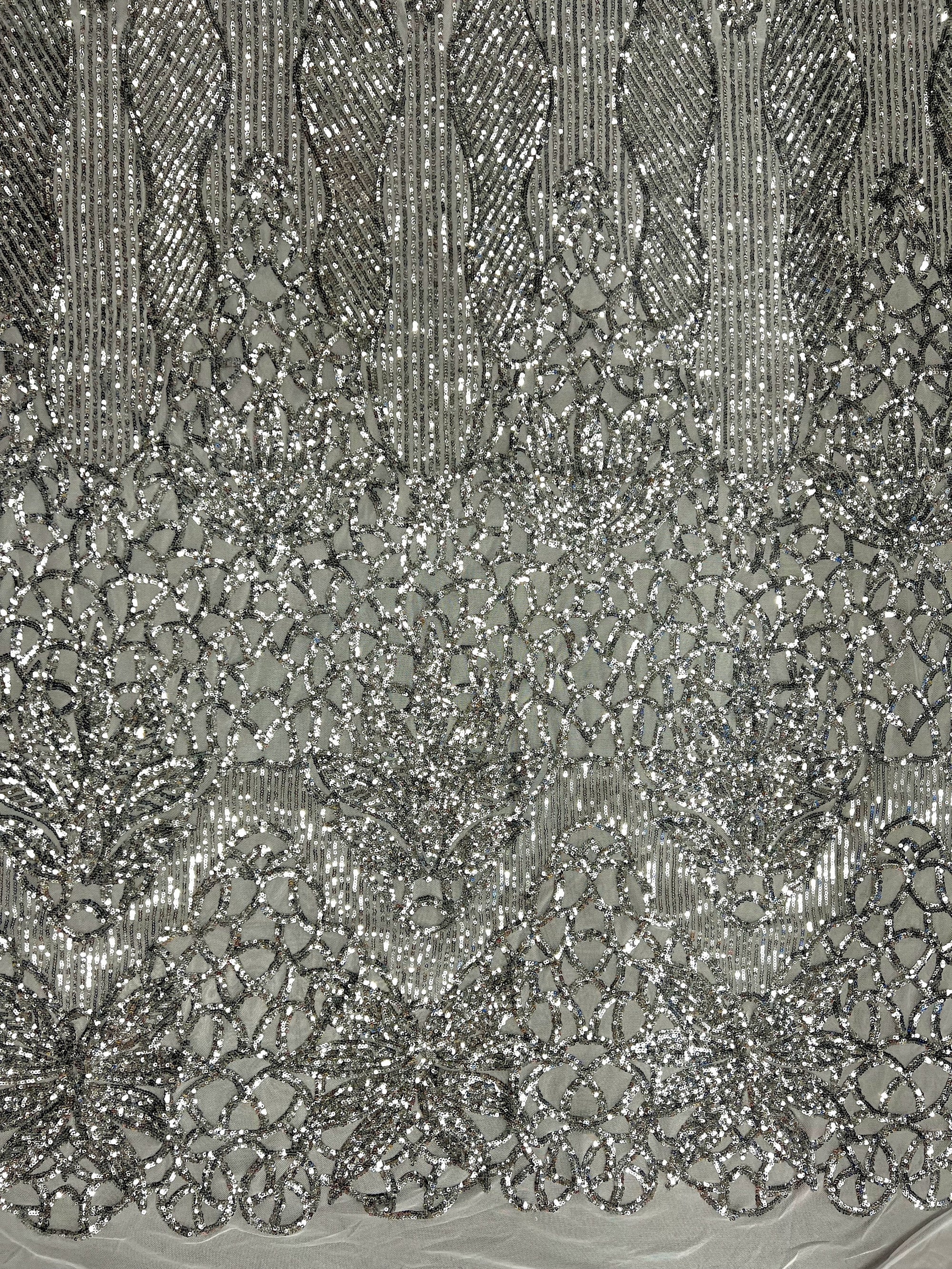 Artemis SILVER Sequins on WHITE Mesh Lace Fabric by the Yard