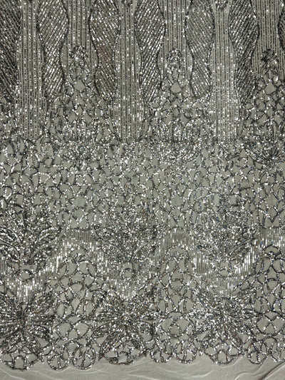 Artemis SILVER Sequins on WHITE Mesh Lace Fabric by the Yard