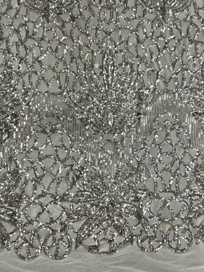 Artemis SILVER Sequins on WHITE Mesh Lace Fabric by the Yard