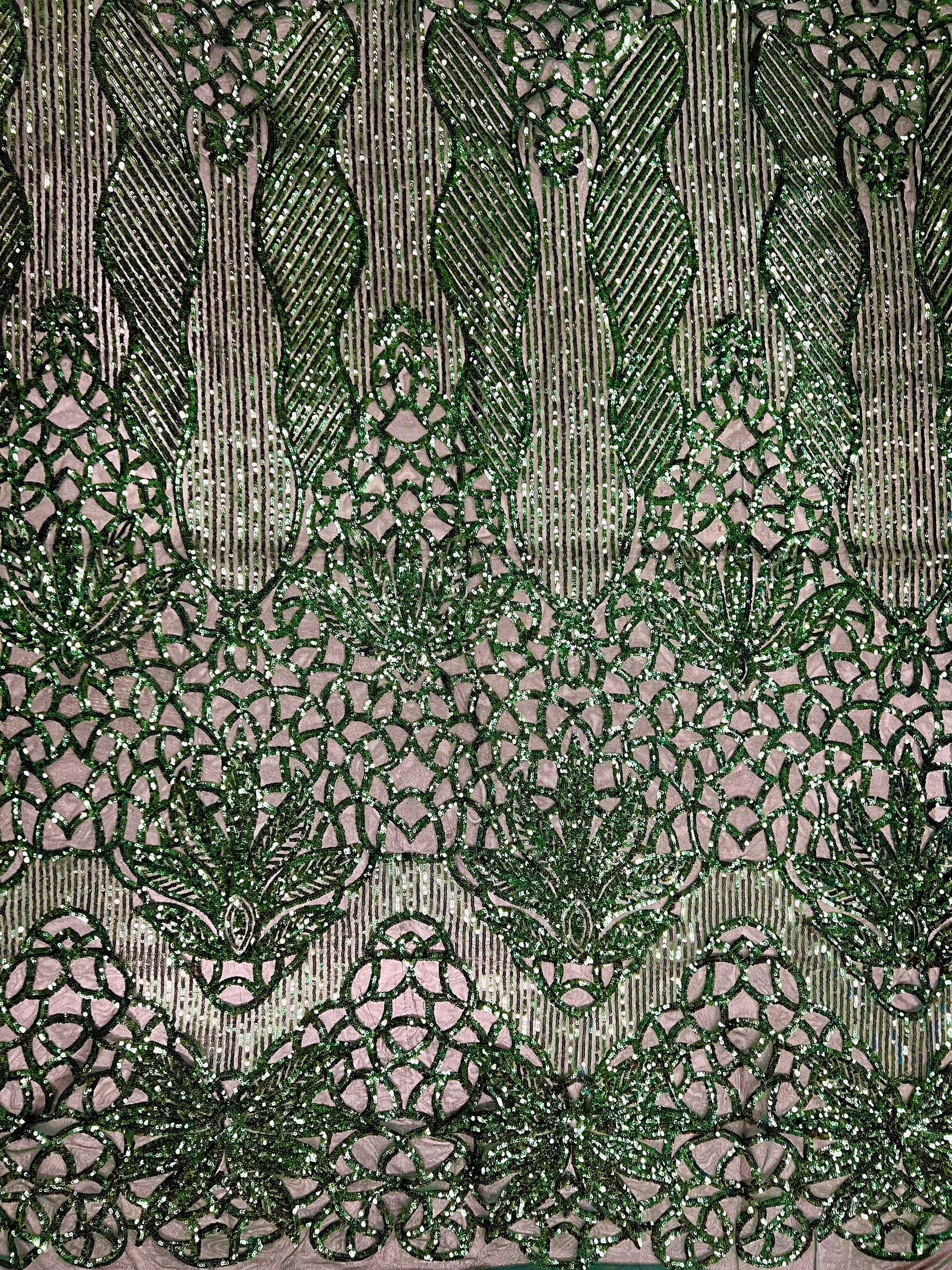 Artemis HUNTER GREEN Sequins on Mesh Lace Fabric by the Yard