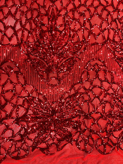 Artemis RED Sequins on Mesh Lace Fabric by the Yard