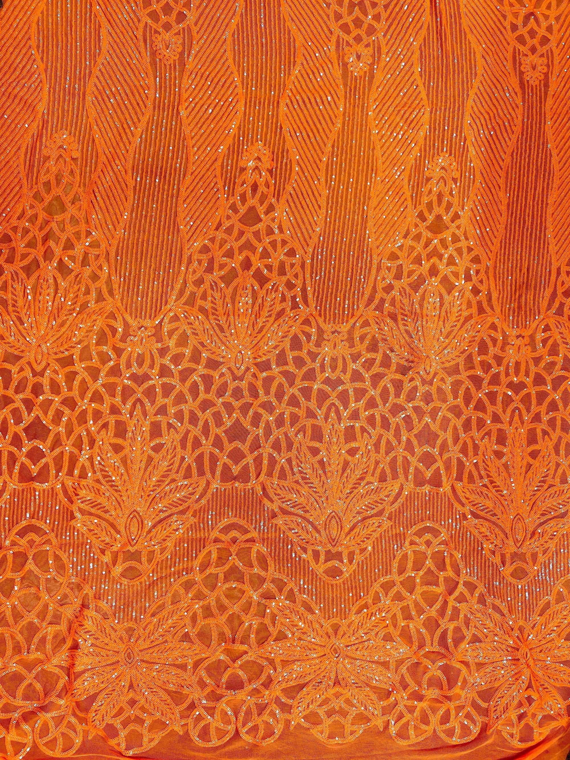 Artemis ORANGE Sequins on Mesh Lace Fabric by the Yard
