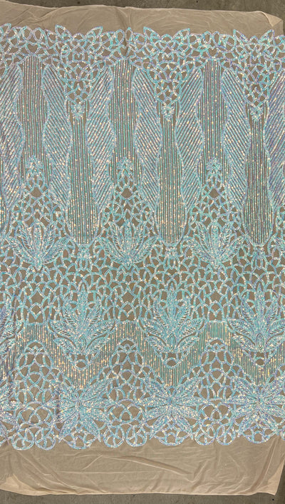 Artemis Iridescent WHITE BLUE Sequins on NUDE Mesh Lace Fabric by the Yard
