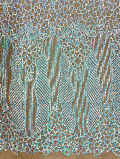 Artemis Iridescent WHITE BLUE Sequins on NUDE Mesh Lace Fabric by the Yard